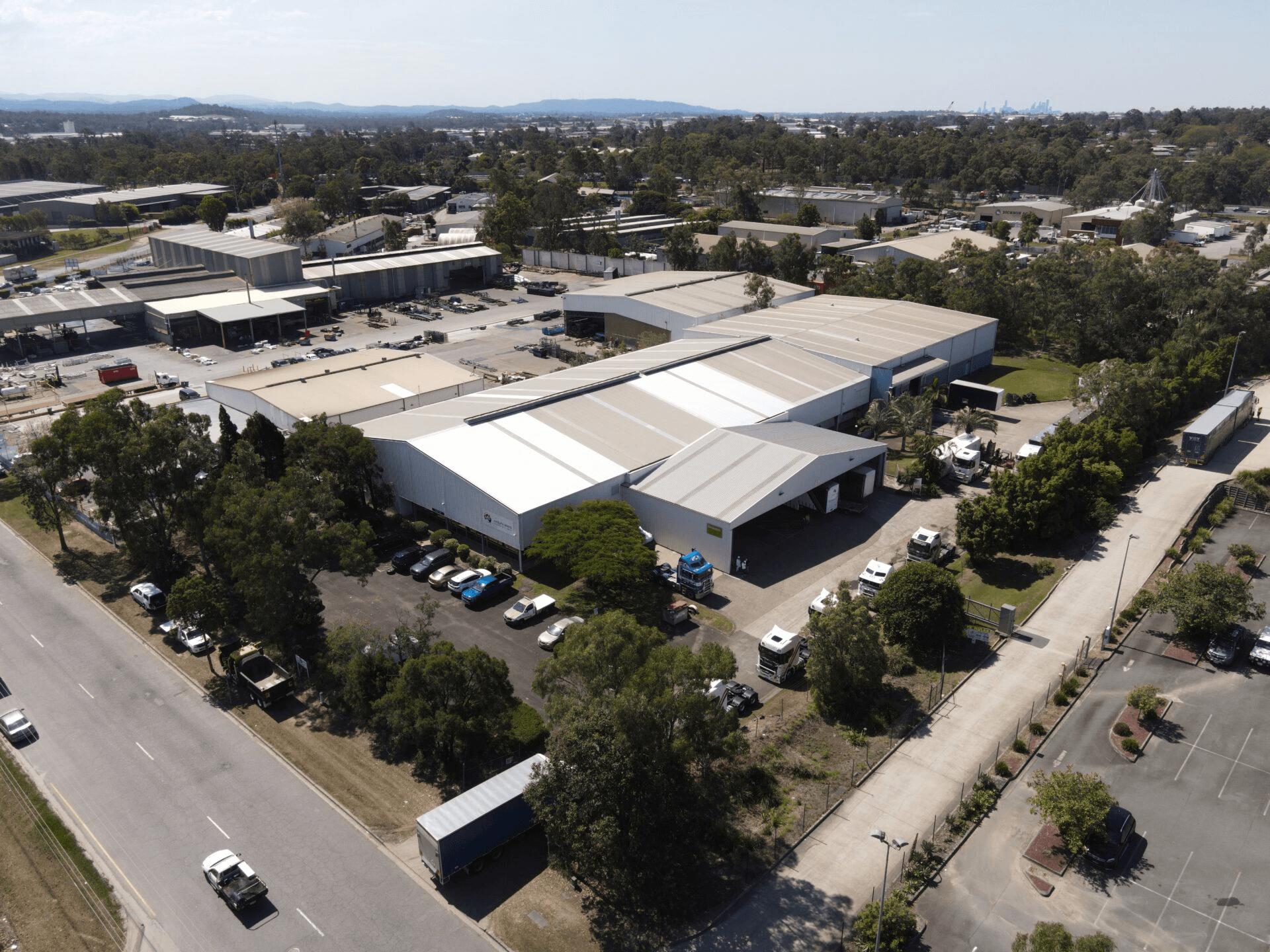 Aerial view of the Masuta Bros Carole Park warehouse and yard